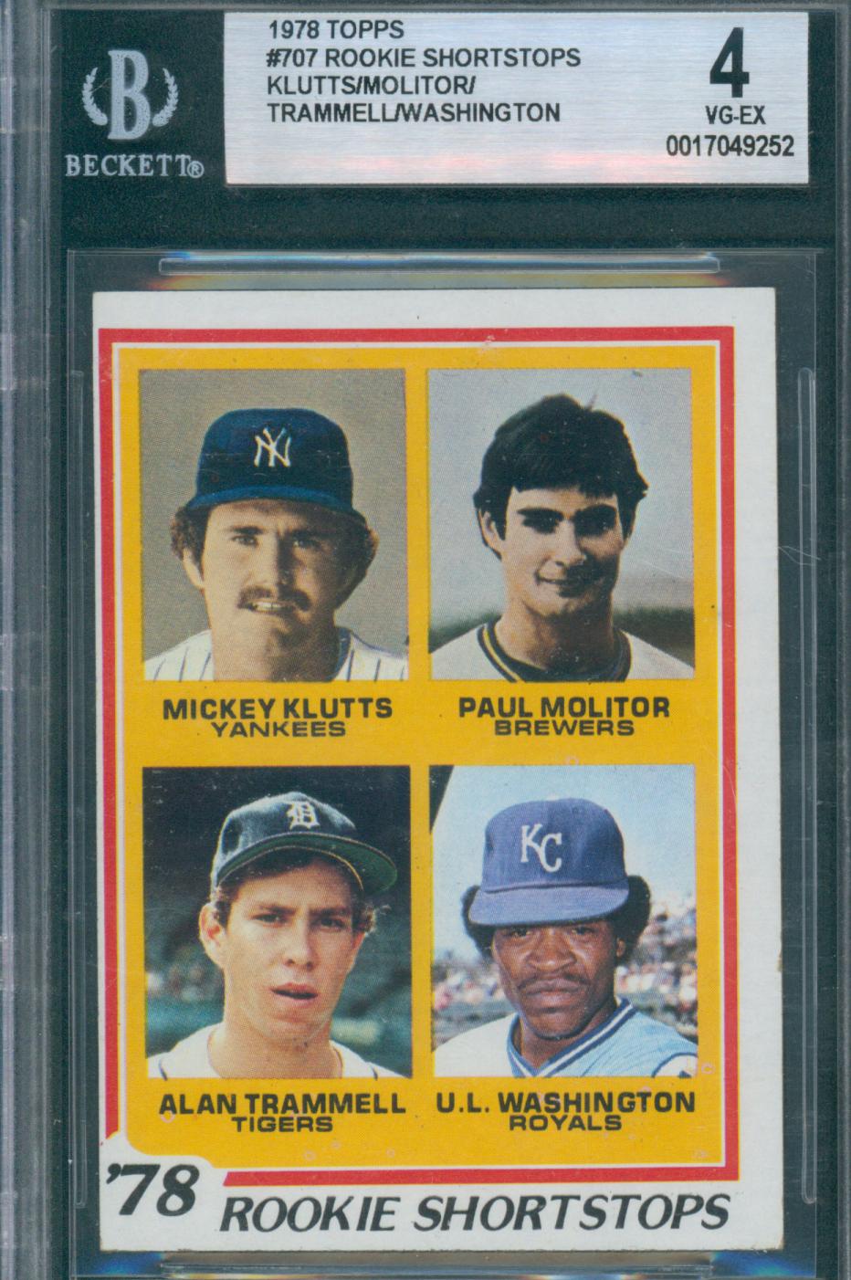 1978 Topps Baseball Rookie Shortstops Klutts/Molitor/Trammell/Washington #707 BGS 4