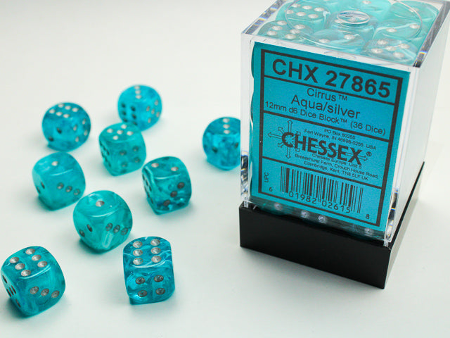 12mm 36Ct D6 Dice Block: Cirrus Aqua/Silver